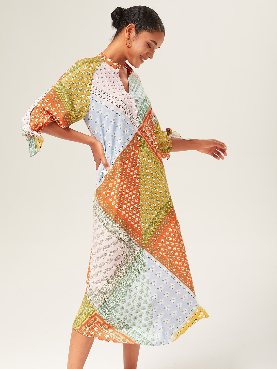 Maxi Dress Colorful Silk Scarf Printed Tie