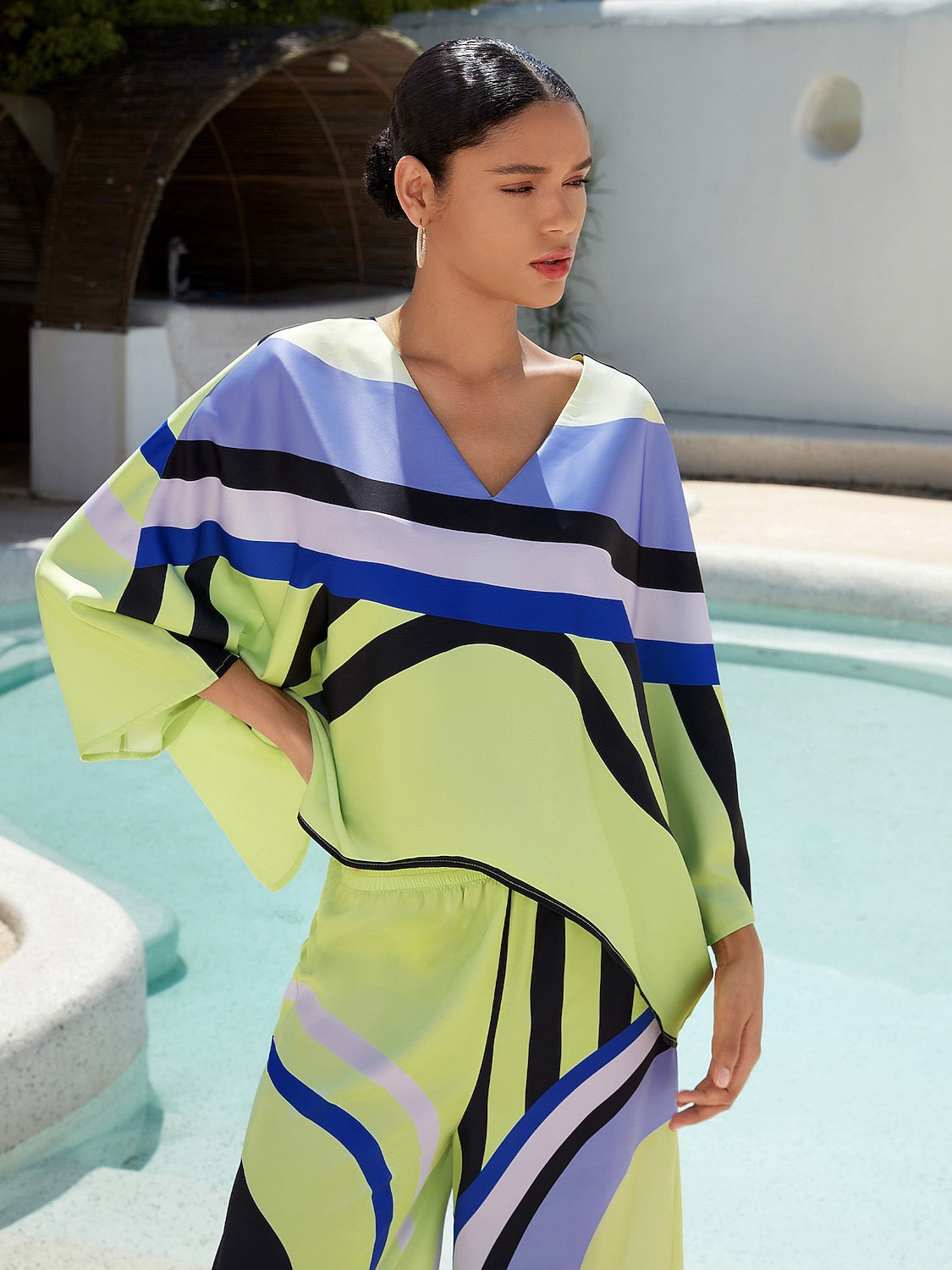 Satin Geometric Print Poncho Blouse