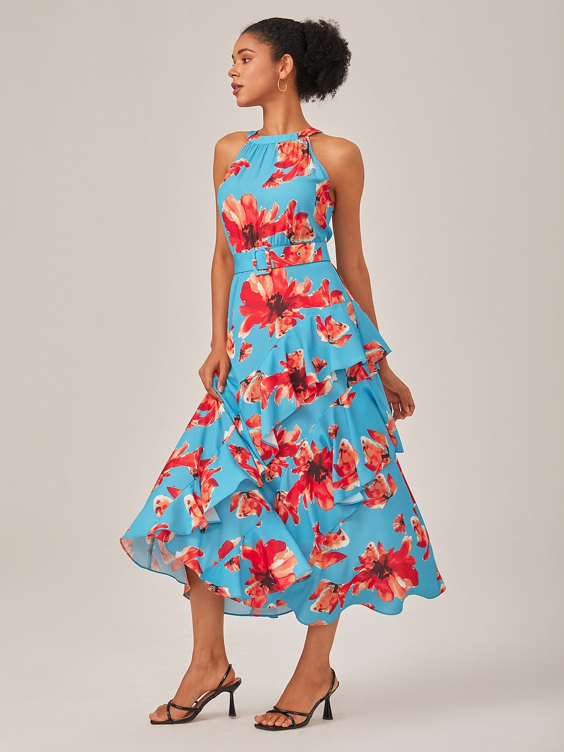 Floral Ruffle Chiffon Maxi Dress