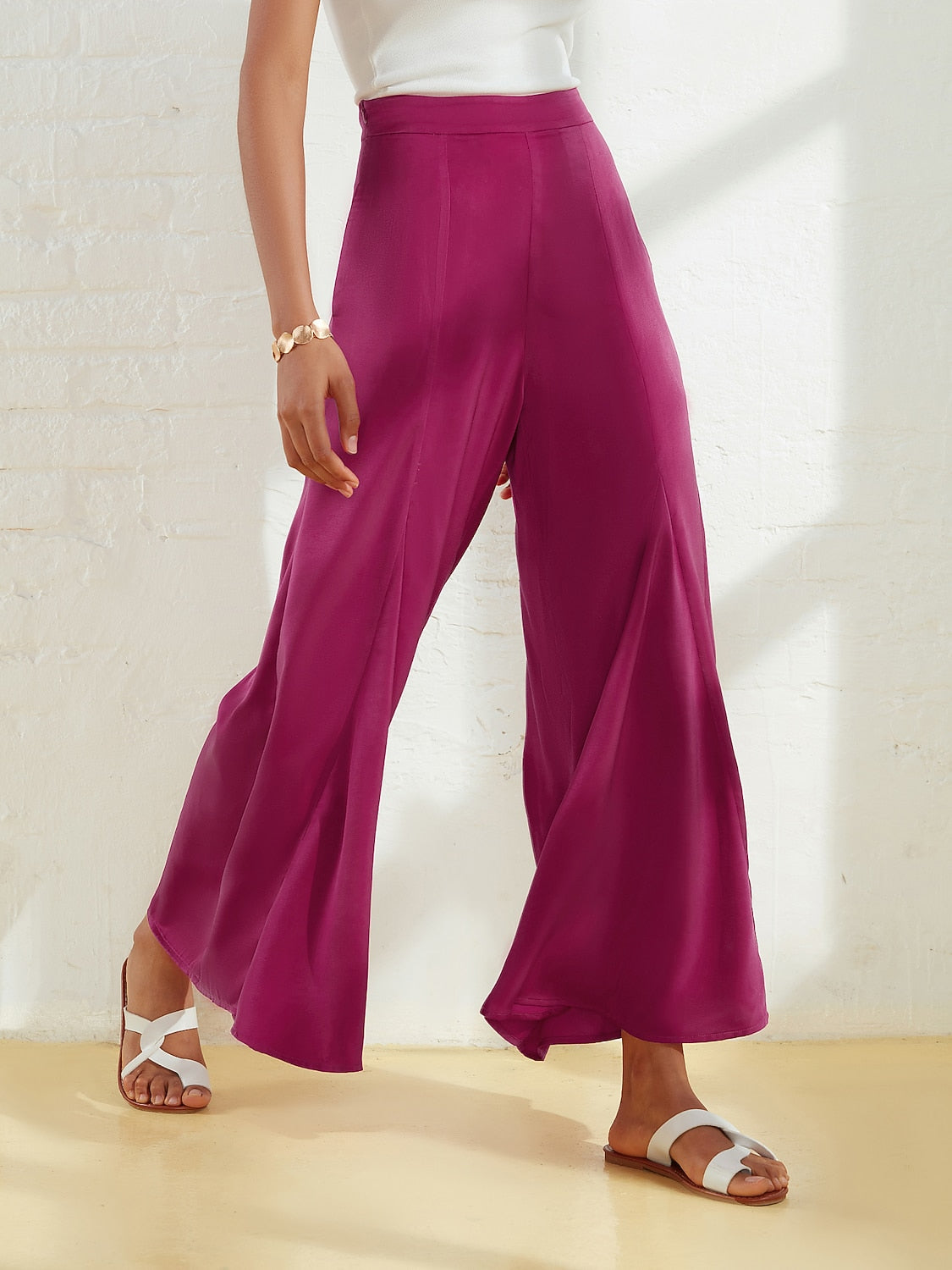 Wide Leg Pants Burgundy Satin Pocket