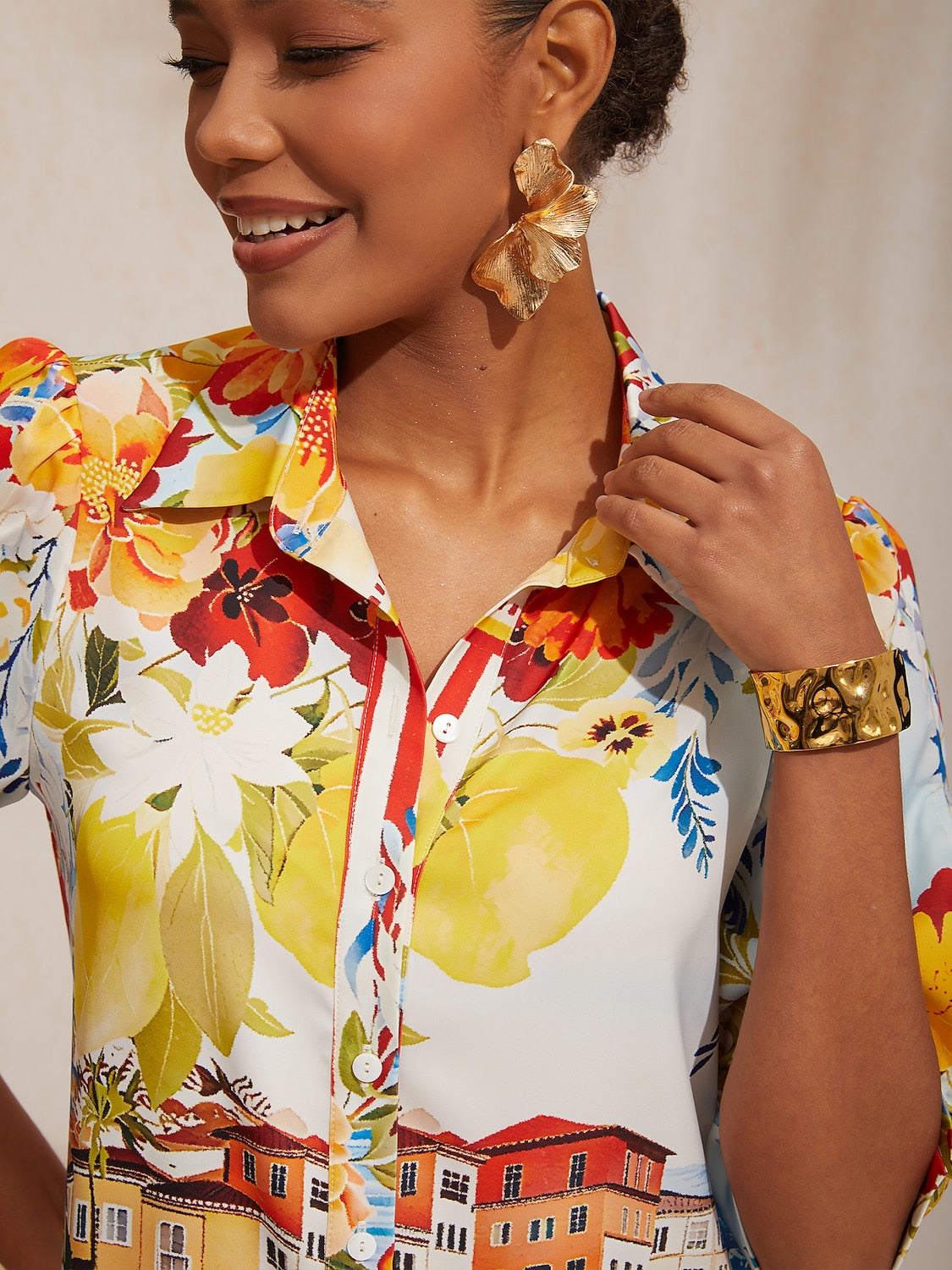 Vacation Scenic Floral Print Straight Satin Shirt Dress