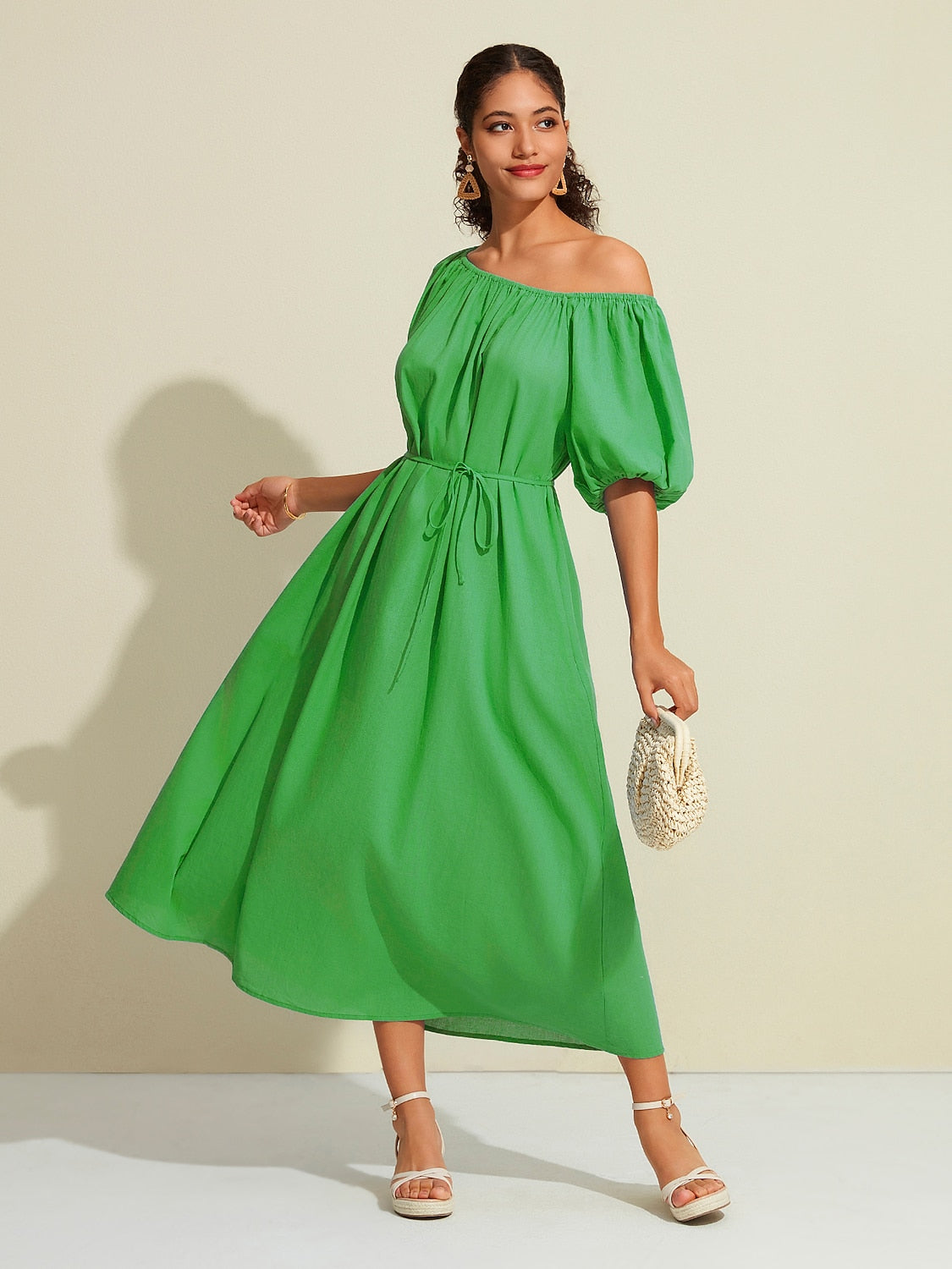 Cotton Resort Maxi Dress Loose Fit Off-Shoulder Puff