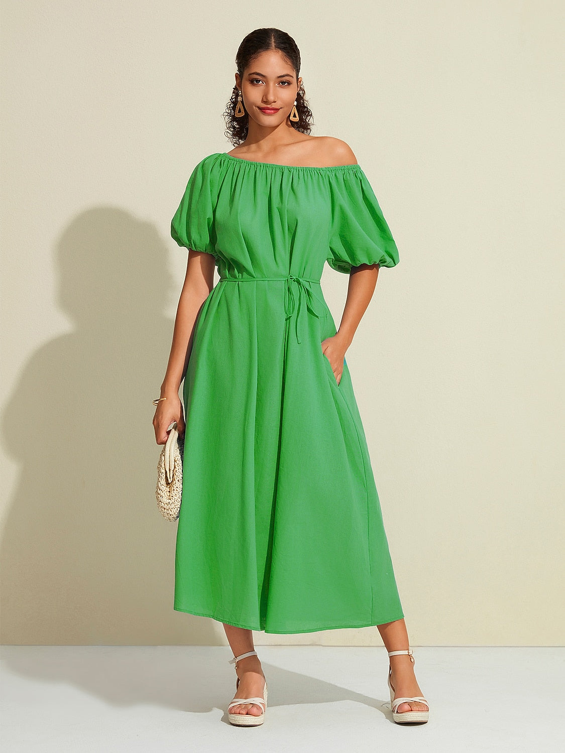 Cotton Resort Maxi Dress Loose Fit Off-Shoulder Puff