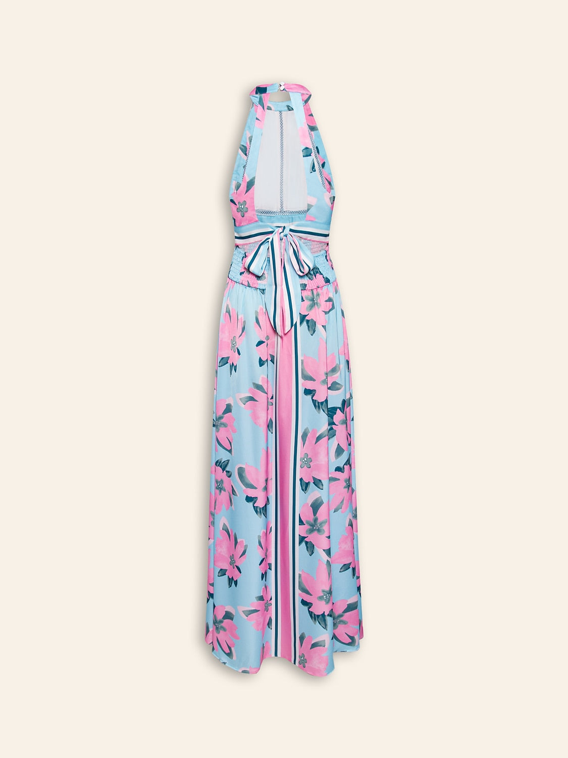 Satin Print Halter Backless Maxi Dress