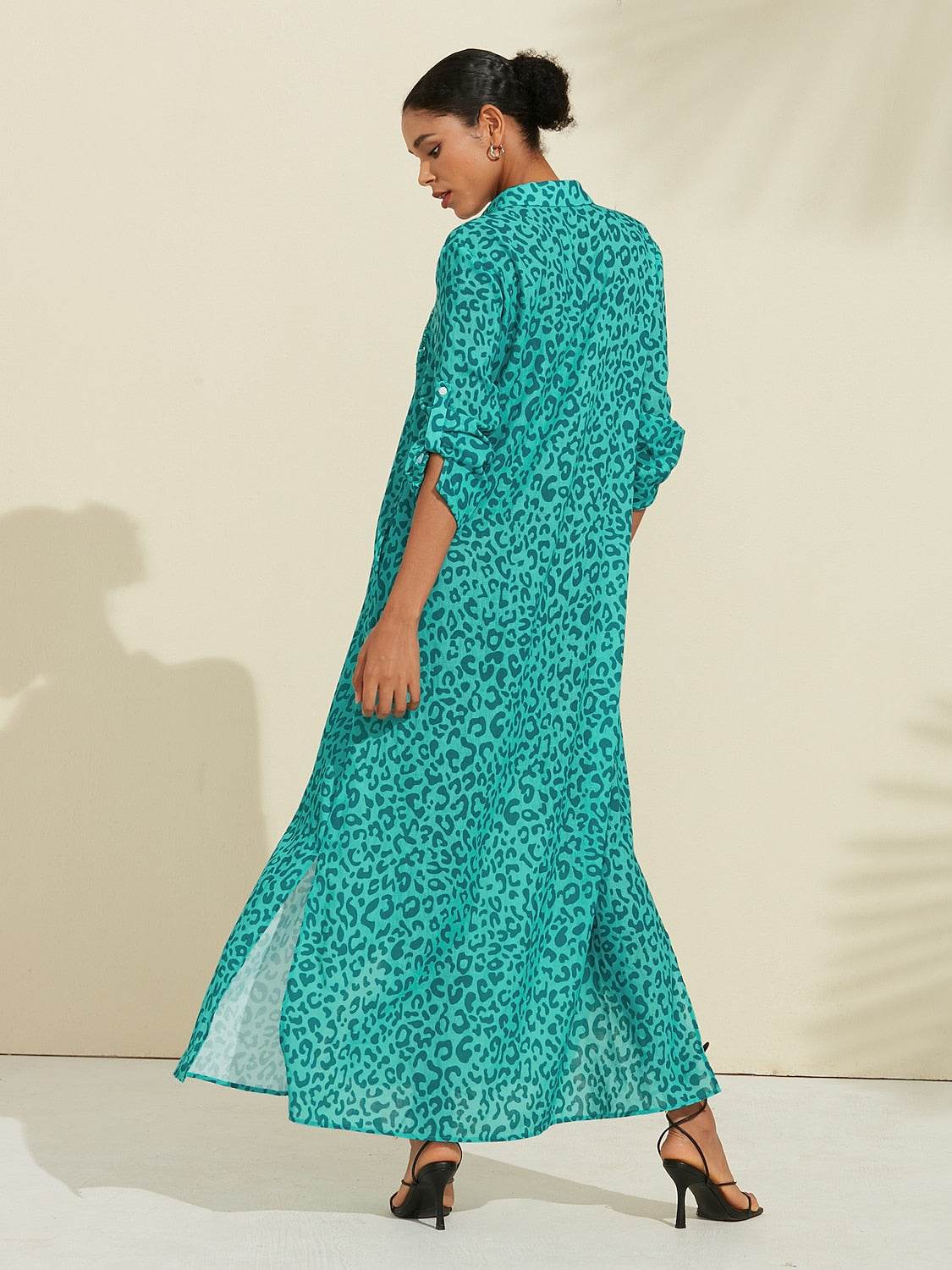 Shirt Maxi Dress Roll up Sequin Collar Leopard Print