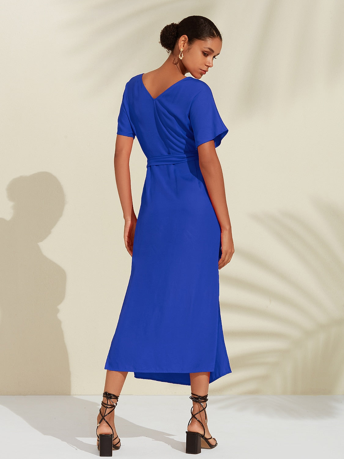 Tencel Linen Orange Red  Shirred Wrap Midi Dress