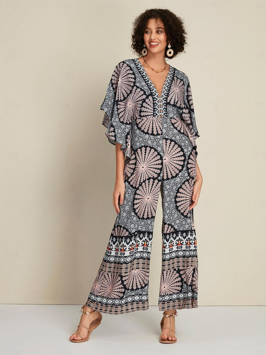 Satin Folk Print Magyar Deep umpsuit