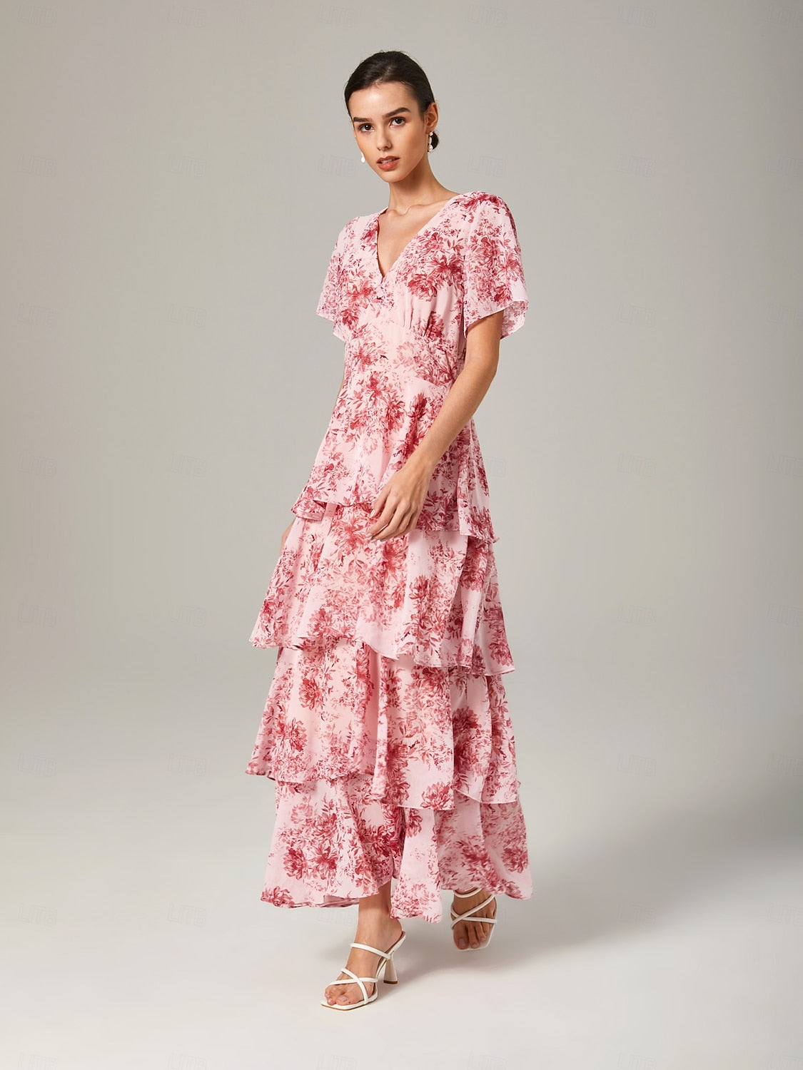 Floral Chiffon Maxi Dress A Line Tiered Ruffle Cake
