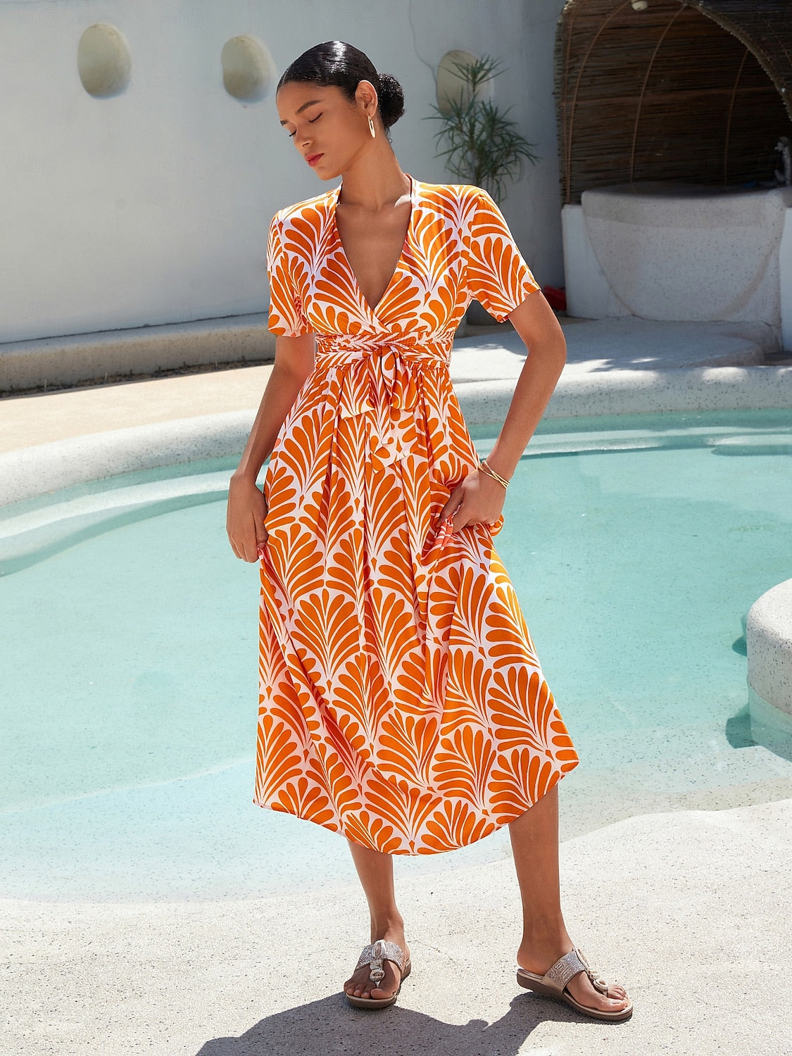 Orange Short Geometric Pattern Maxi Dress