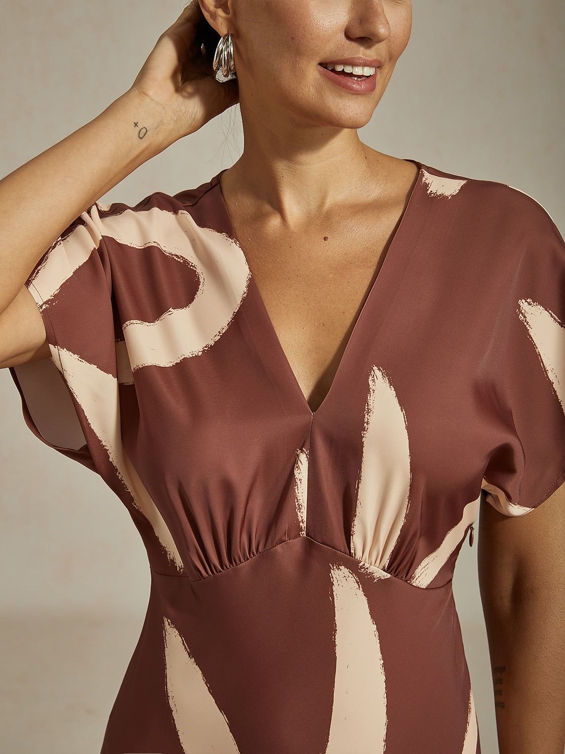 Maxi Dress Coffee Abstract Floral Print Satin