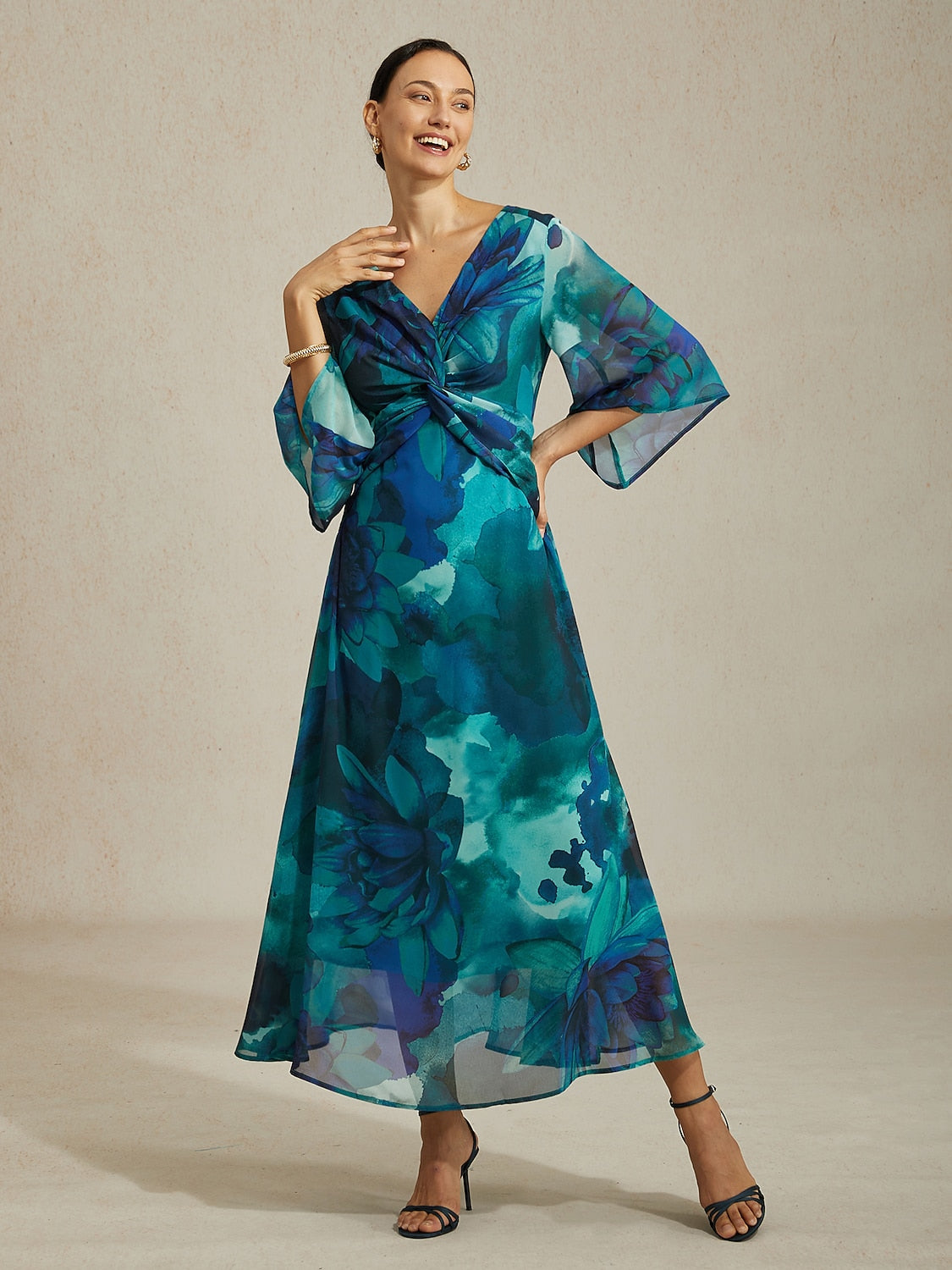 Maxi Dress Green Abstract Floral Print Twist Knot