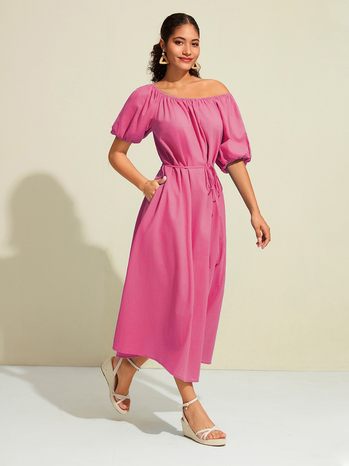 Cotton Resort Maxi Dress Loose Fit Off-Shoulder Puff