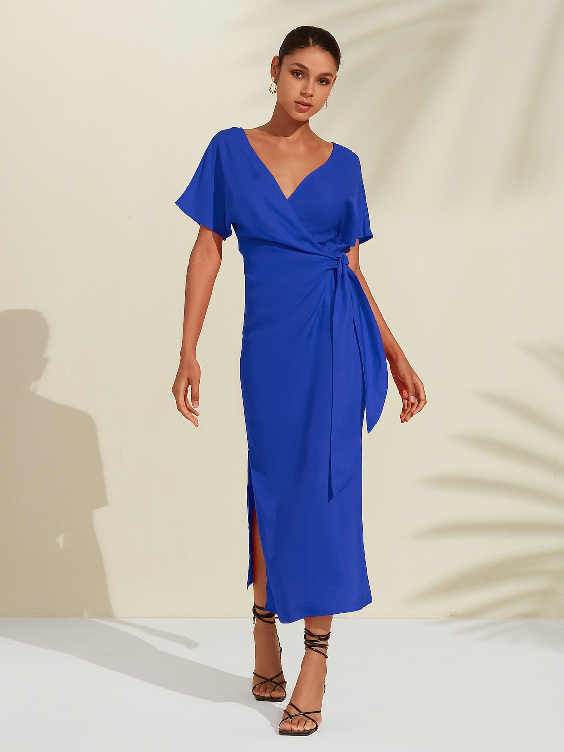 Tencel Linen Orange Red  Shirred Wrap Midi Dress