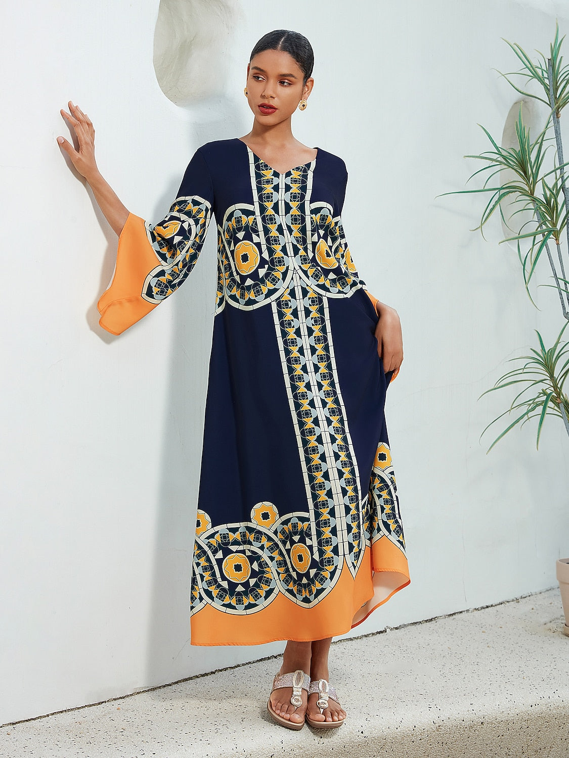 Satin Folk Print Maxi Dress