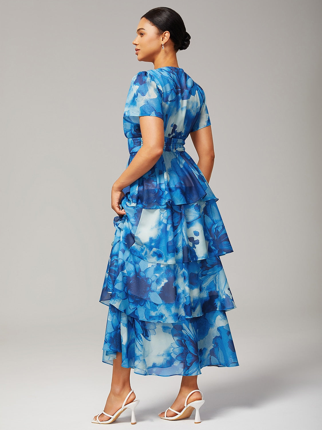 Floral Chiffon Maxi Dress A Line Tiered Ruffle Cake
