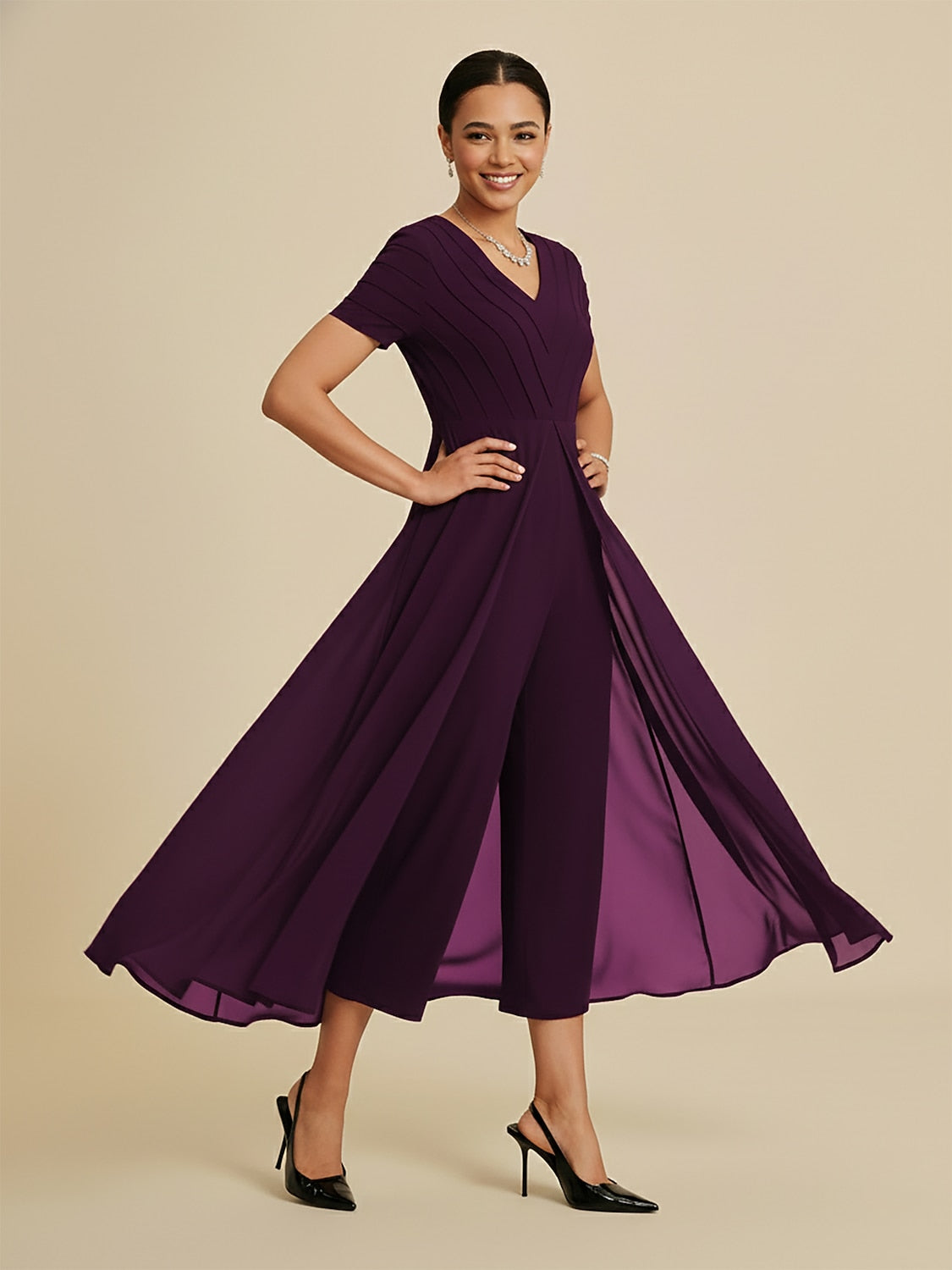 Paneled Design Faux Flowy Sheer Stretch Fabric Jumpsuit