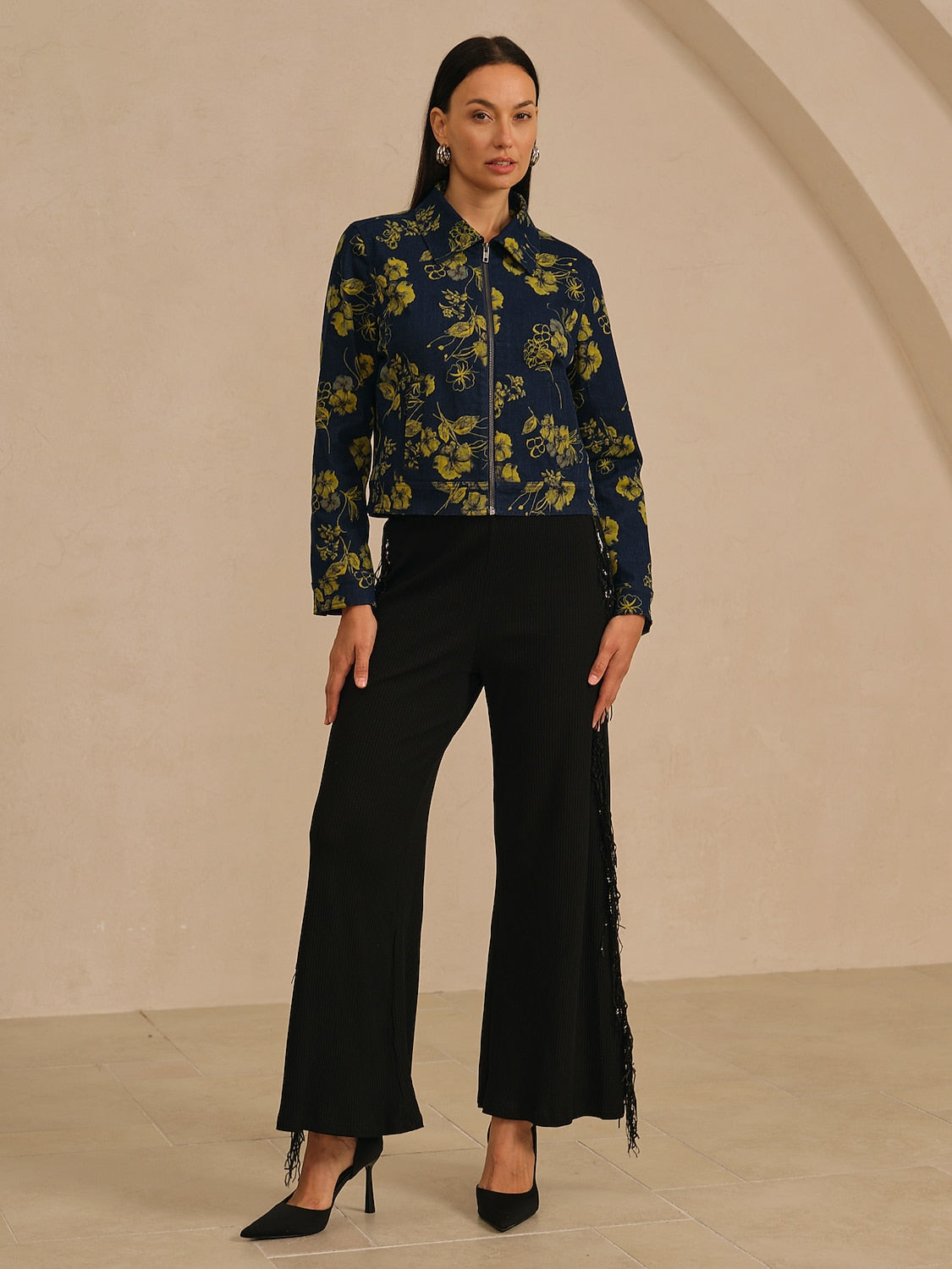 Jacket Denim Fabric Yellow Floral Pattern Turn Down Collar