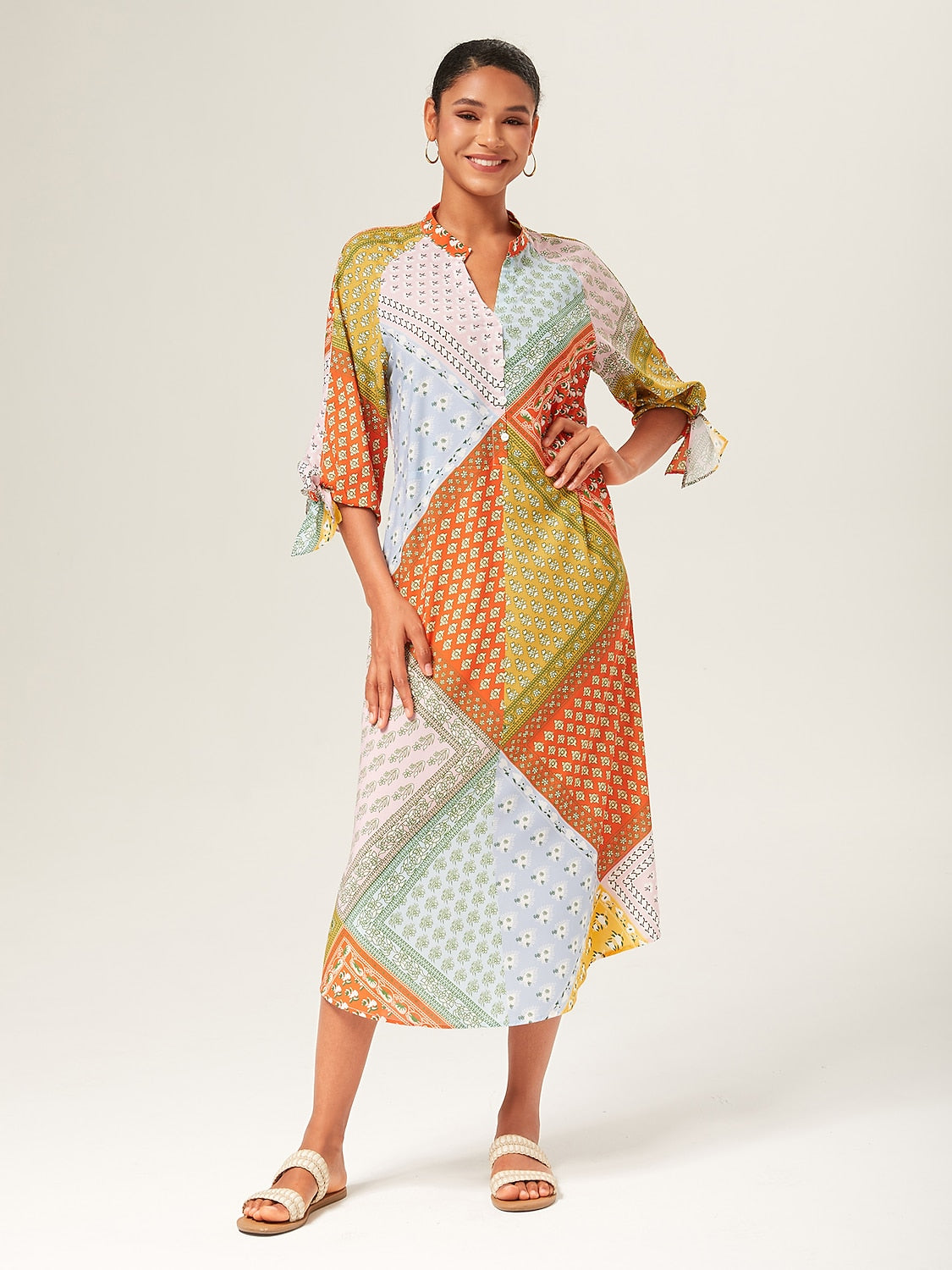 Maxi Dress Colorful Silk Scarf Printed Tie