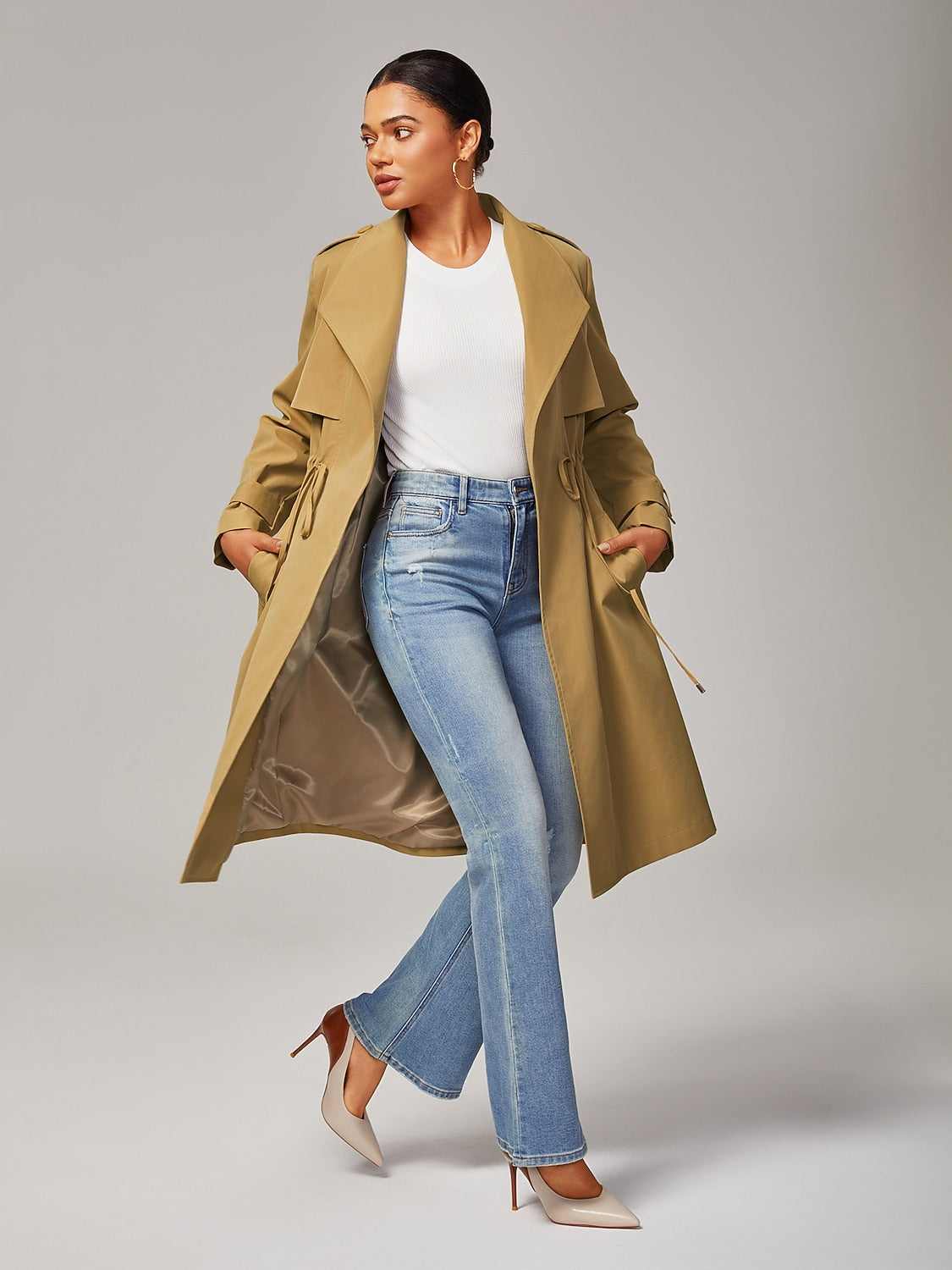 Cotton Stretch Flared Jeans High Waist Frayed Hem Denim Pants