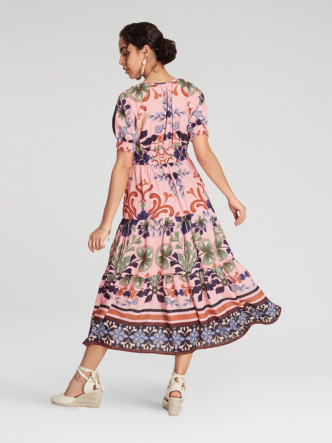 Floral Lace Up Short Midi Dress