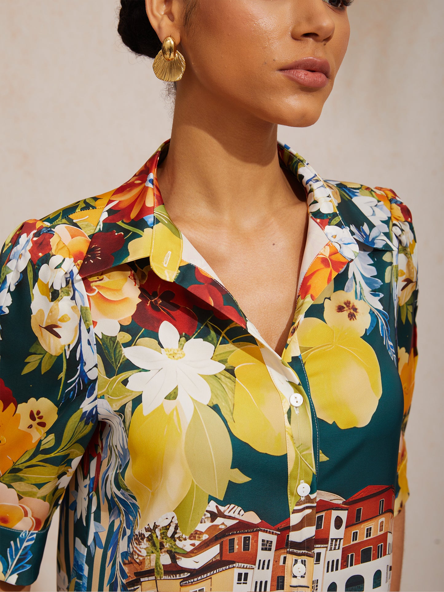 Vacation Scenic Floral Print Straight Satin Shirt Dress