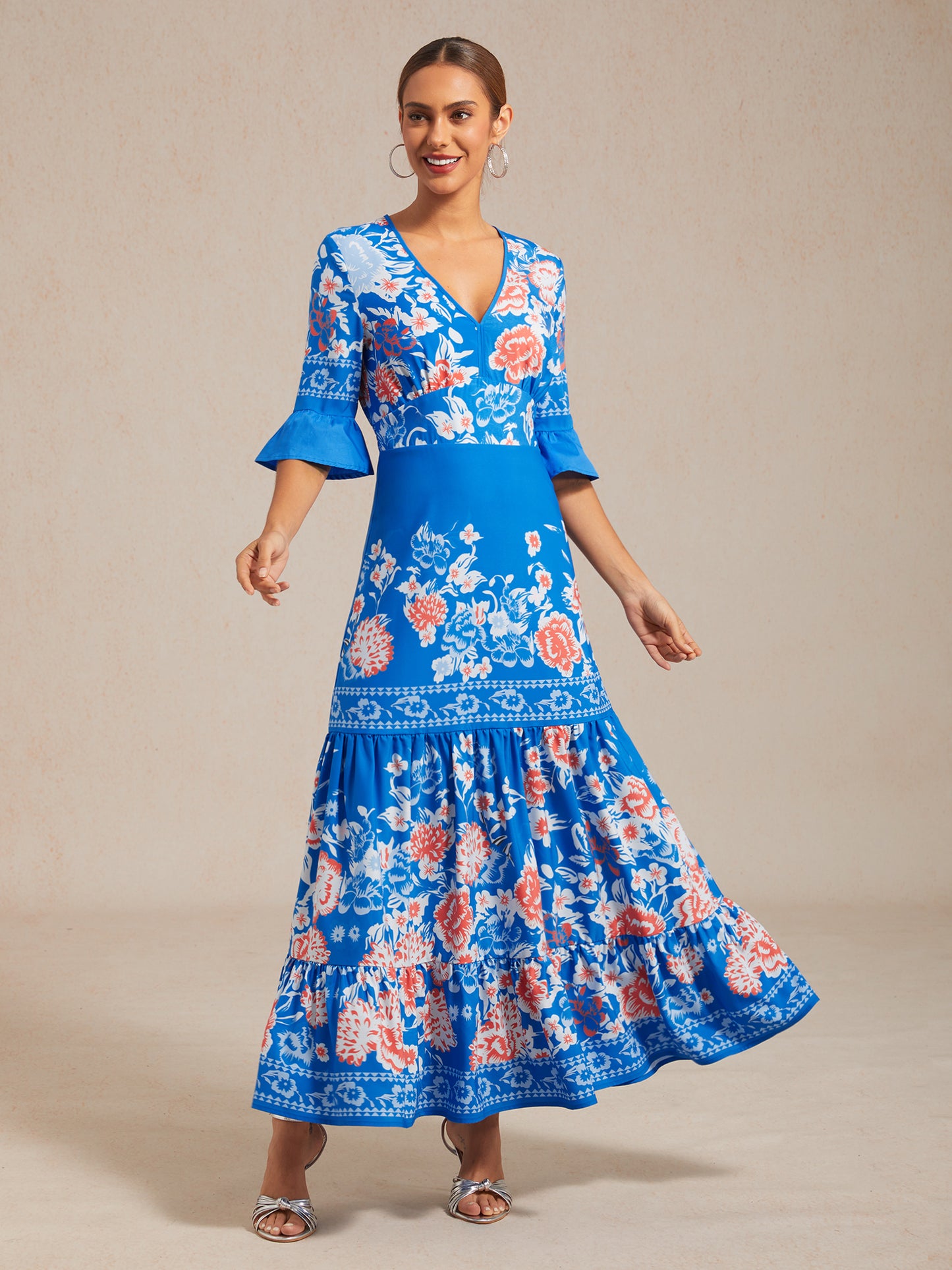 Satin Floral Print Maxi Dress