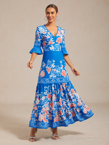 Satin Floral Print Maxi Dress