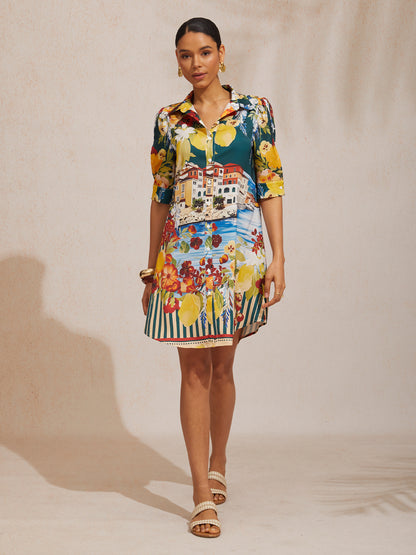 Vacation Scenic Floral Print Straight Satin Shirt Dress