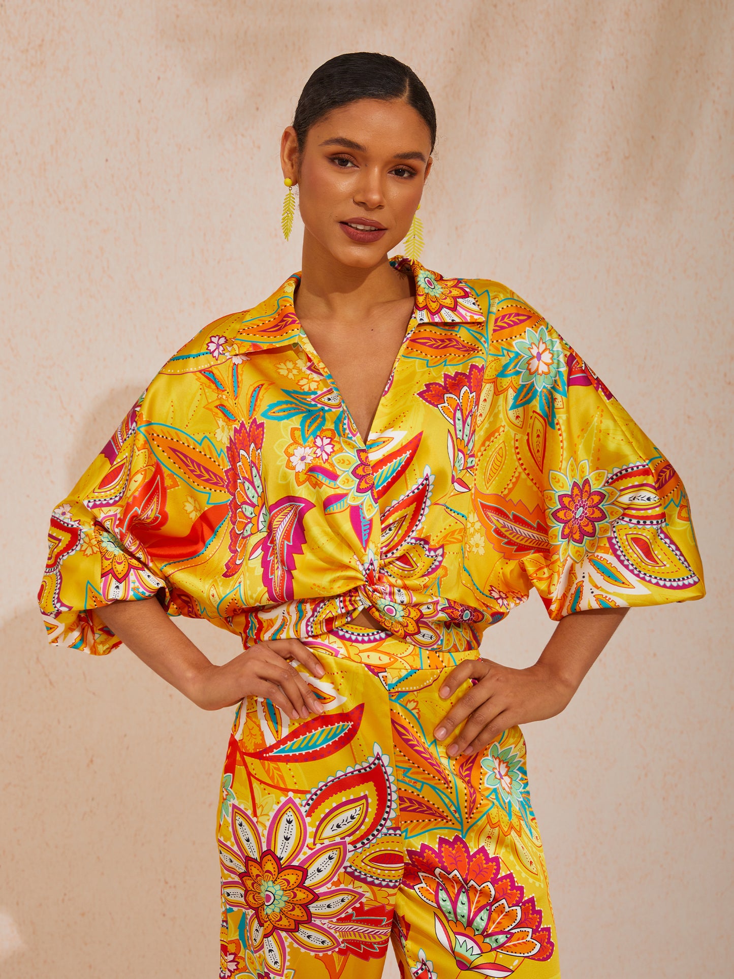 Vacation Paisley Floral Loose Fit Satin Short Top