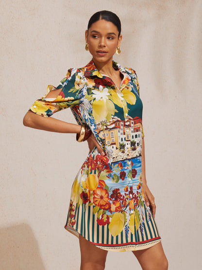 Vacation Scenic Floral Print Straight Satin Shirt Dress