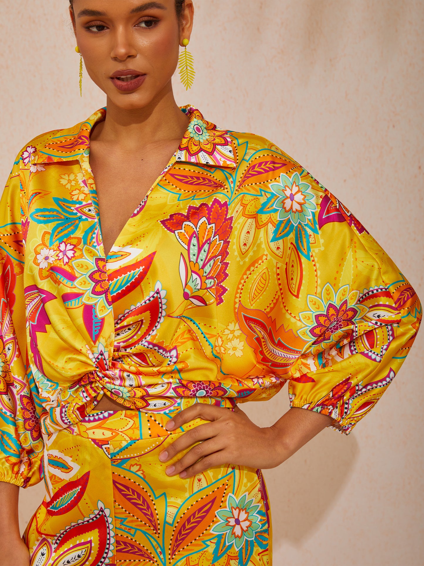 Vacation Paisley Floral Loose Fit Satin Short Top