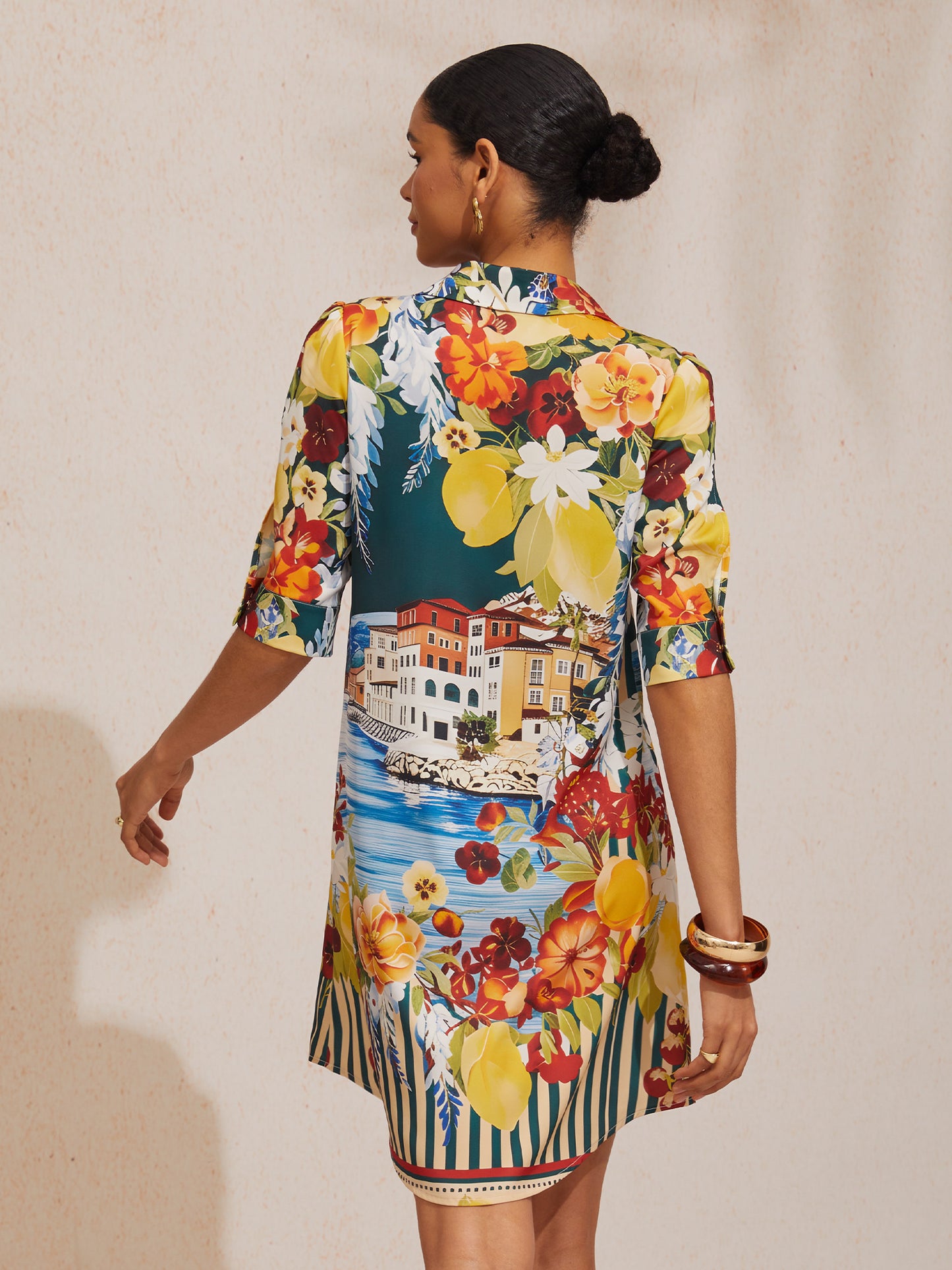 Vacation Scenic Floral Print Straight Satin Shirt Dress