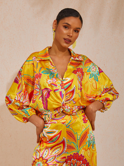 Vacation Paisley Floral Loose Fit Satin Short Top