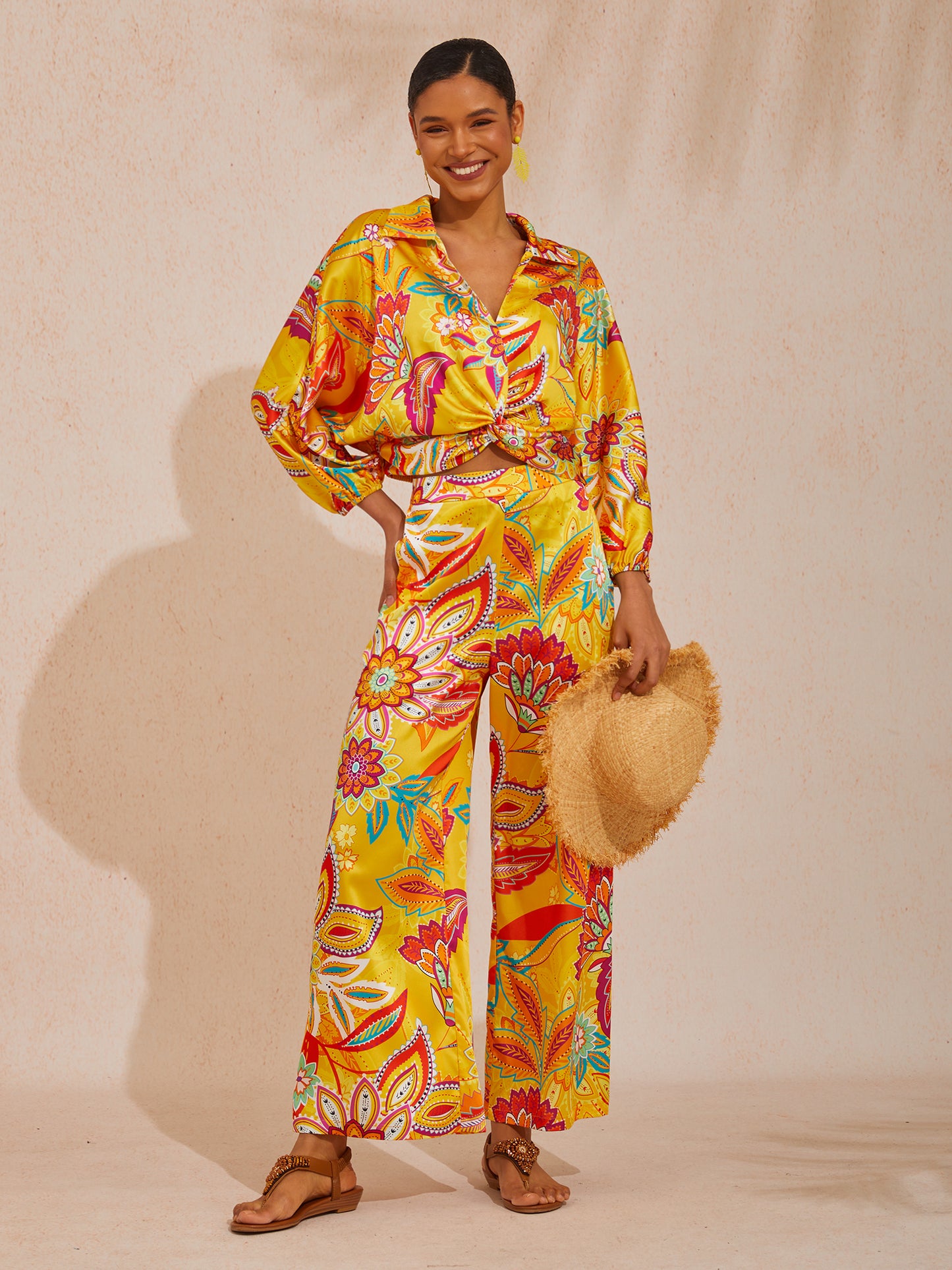 Vacation Paisley Floral Loose Fit Satin Short Top