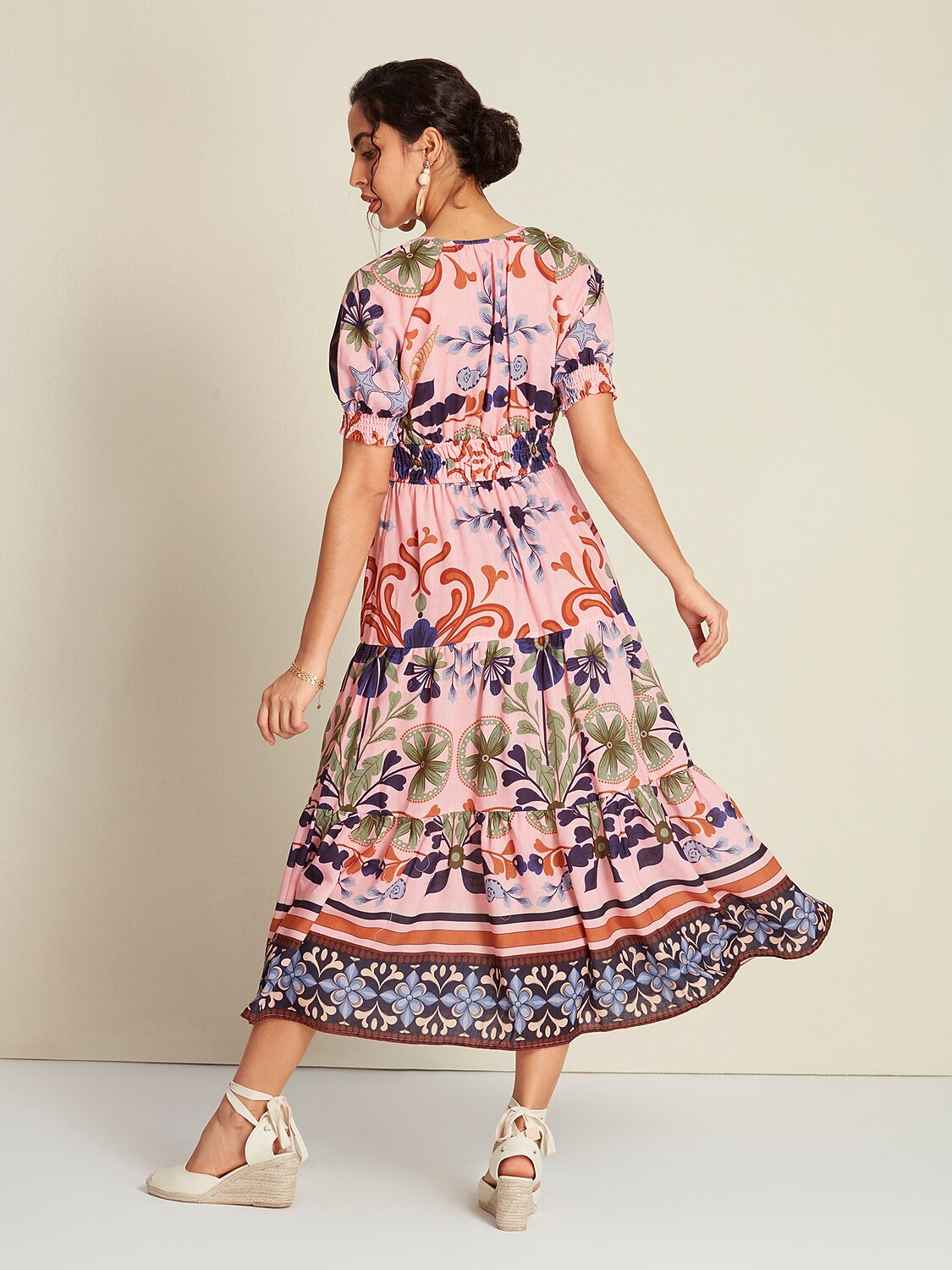 Floral Lace Up Short Midi Dress