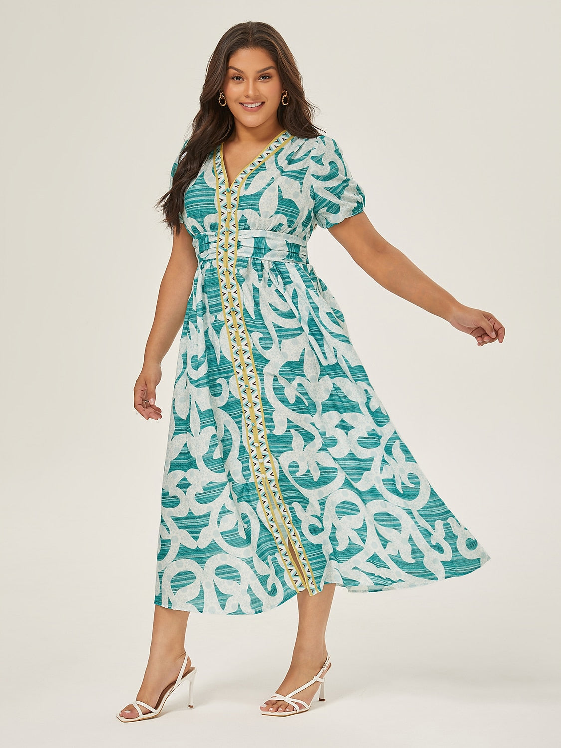 Puff Sleeve V Neck Maxi Dress