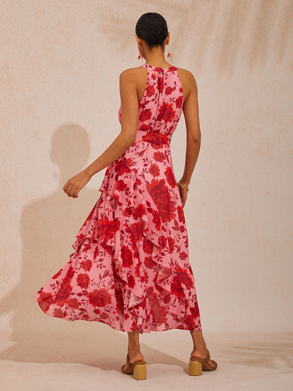 Vacation Pink Floral Waist-Cinching Sleeveless Chiffon Maxi Dress
