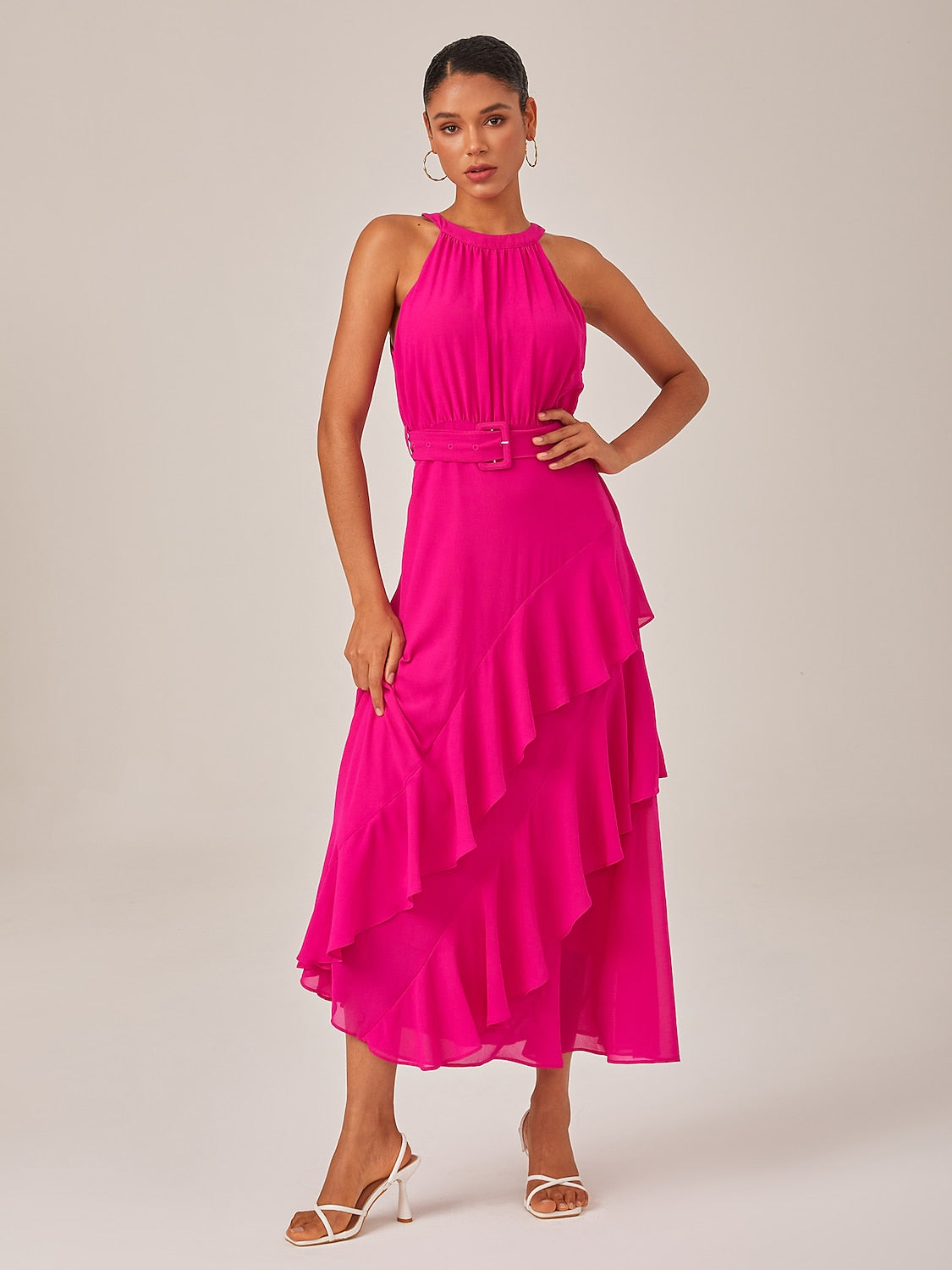 Dress Rose Red Solid Color Ruffle Mismatched