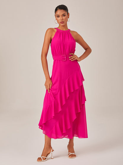 Dress Rose Red Solid Color Ruffle Mismatched