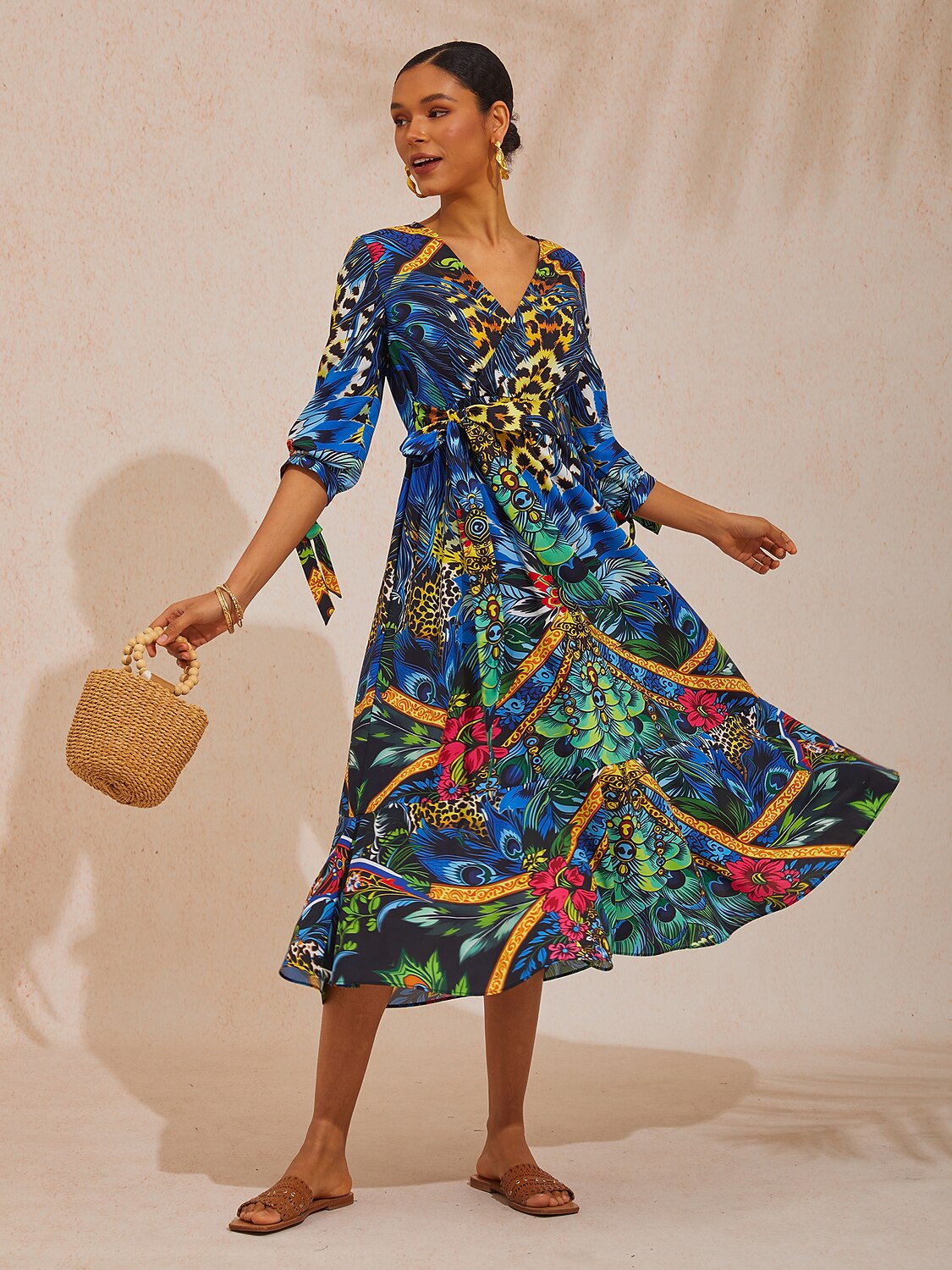 Vacation Jungle Peacock Print Fitted Waist Cotton Feel Maxi Dress