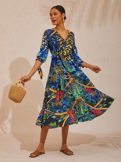 Vacation Jungle Peacock Print Fitted Waist Cotton Feel Maxi Dress