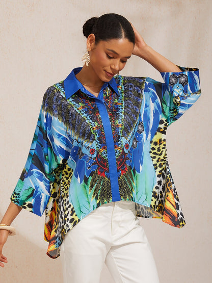 Vacation Scenic Floral Print Dolman Sleeve Chiffon Short Shirt
