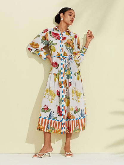 Print Stripe Fruit Midi Shirt Dress