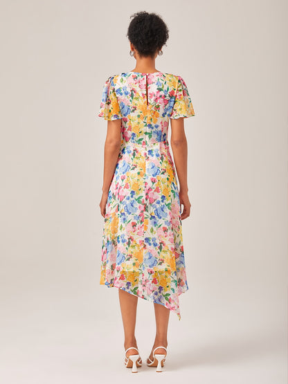 Chiffon Floral Print A-Line Short Sleeve Dress