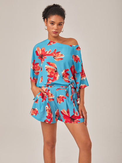 Vacation Floral Print High-Waisted Tie-Front Fresh Shorts