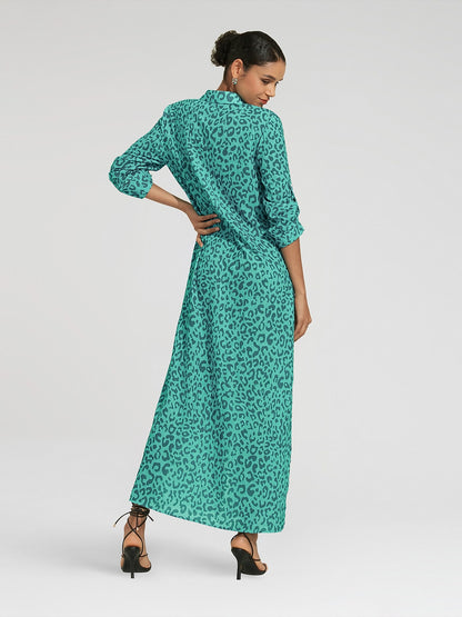 Shirt Maxi Dress Roll up Sequin Collar Leopard Print