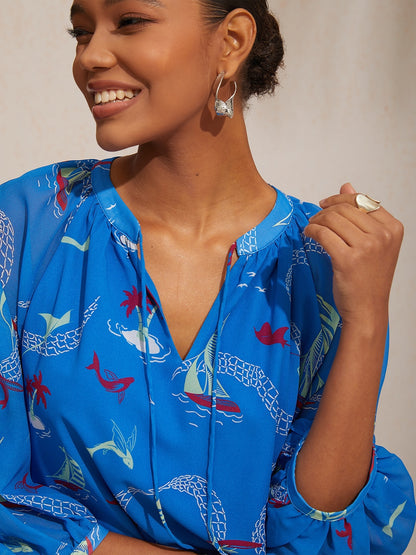 Vacation Ocean Elements Print Loose Chiffon Short Top