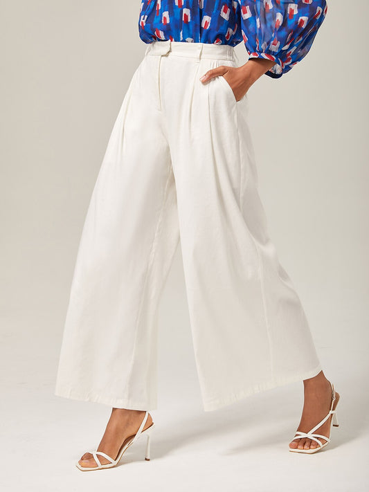 Breathable Linen Off-White Wide-Leg Pants