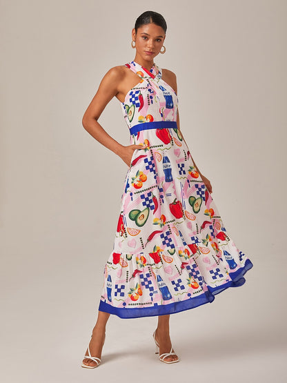 Tropical Fruit-Vegetable Print Halter Neck Long Dress