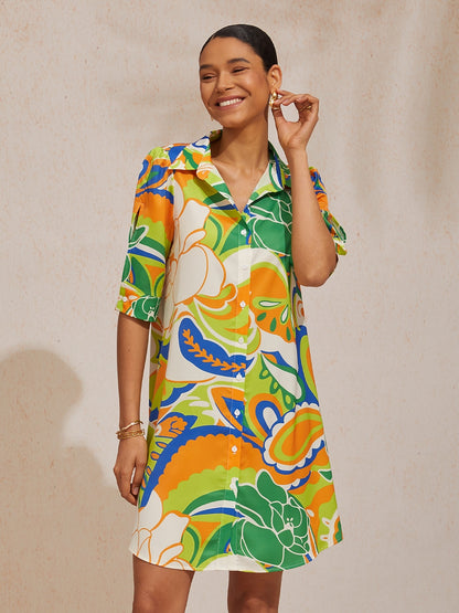 Vacation Scenic Floral Print Straight Satin Shirt Dress